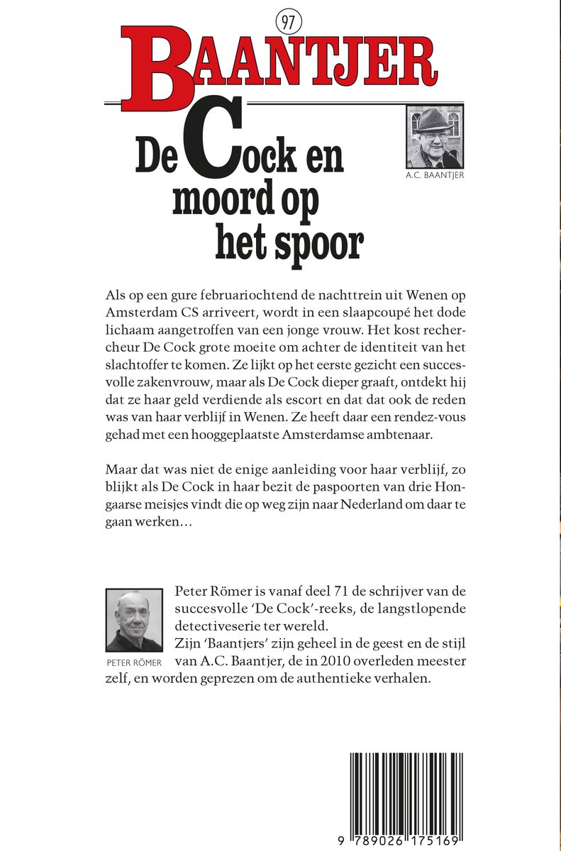 Boekomslag: 'Baantjer 97 - De Cock en moord op het spoor' met een foto van A.C. Baantjer en de achterflap met informatie over Peter Römer.