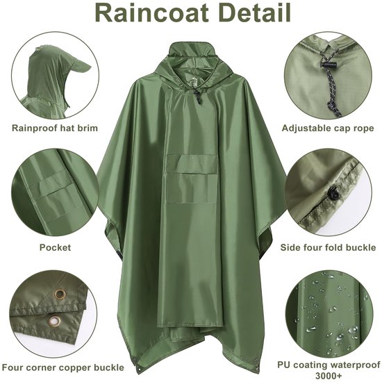Groene regenponcho met capuchon, opgestikte zak, verstelbaar koord, drukknoopjes en waterdichte PU-coating.
