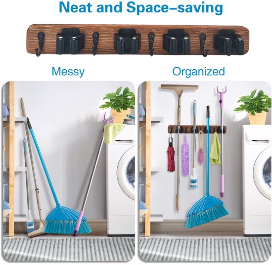 Hangende bezem en dweil, houten wandbezemhouder met 4 standen en 4 haken, moderne hangende bezemorganizer voor keuken, garage, tuin van Unclutterer — afbeelding 3