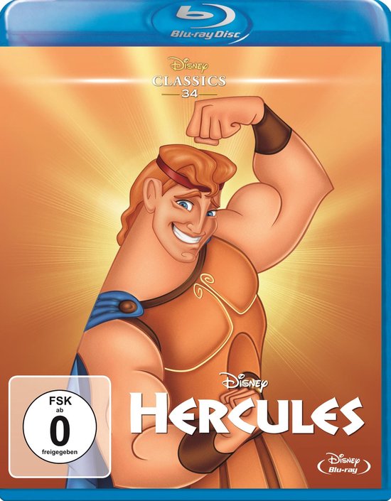 Voorkant Blu-ray Disney's Hercules. Hercules spant zijn spieren onder een zonnige gloed. 'Disney Classics 34 Hercules Blu-ray'