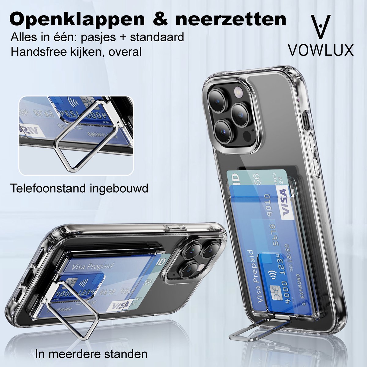 MagSafe Transparante Magnetische Pasjeshouder iPhone 12-17 Air Pro Max – 2 Pasjes, Telefoonstand Zilver - Afbeelding 2