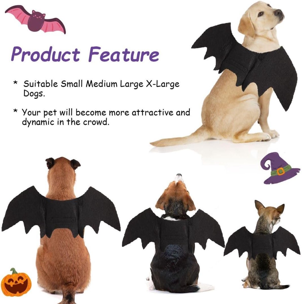 Déguisement Chauve-souris Halloween Pour Chien/chat - Ailes En Feutre Avec Clochette Citrouille, Ajustable