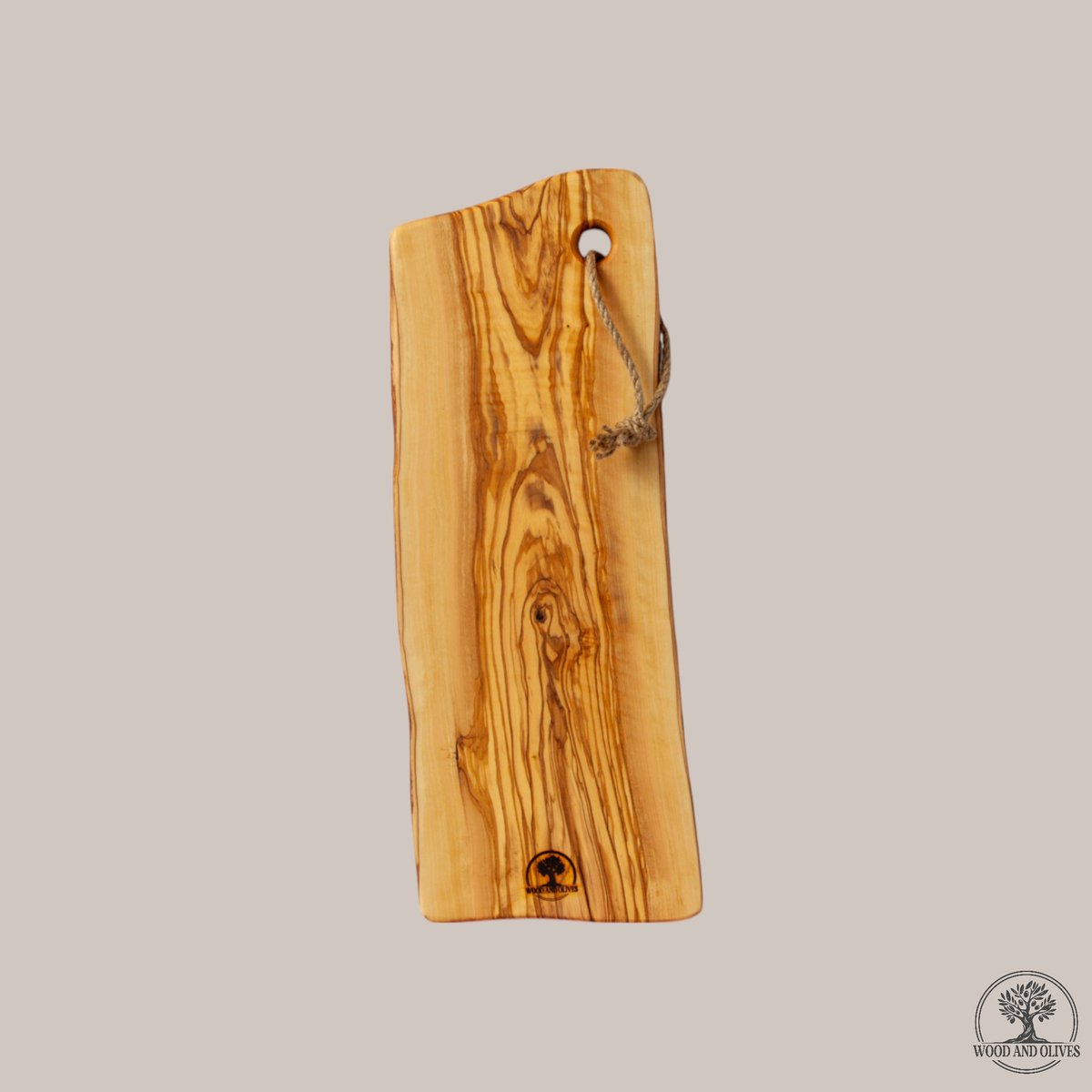 Wood and Olives - Olijfhouten Snijplank met Ophangring - Handgemaakt - 16-18x45 cm