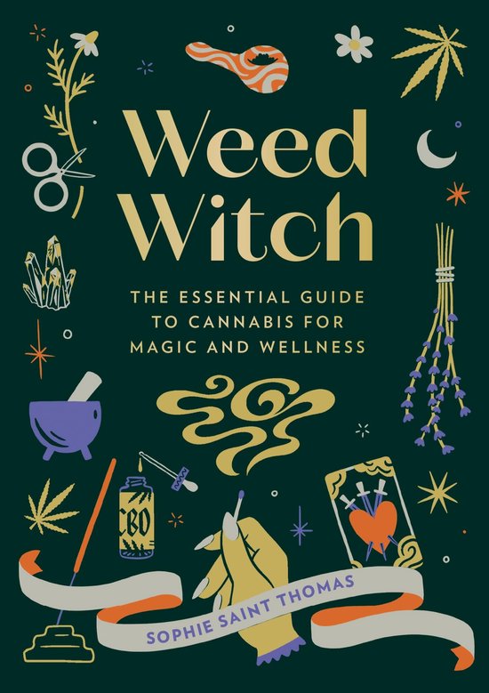 Boekomslag van 'Weed Witch', een gids over cannabis voor magie en welzijn, met afbeeldingen van een maan, kristallen, en een hand die een lucifer vasthoudt.