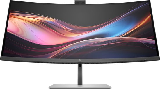 Vooraanzicht van een gebogen HP monitor met een levendig patroon op het scherm en een ingebouwde camera.