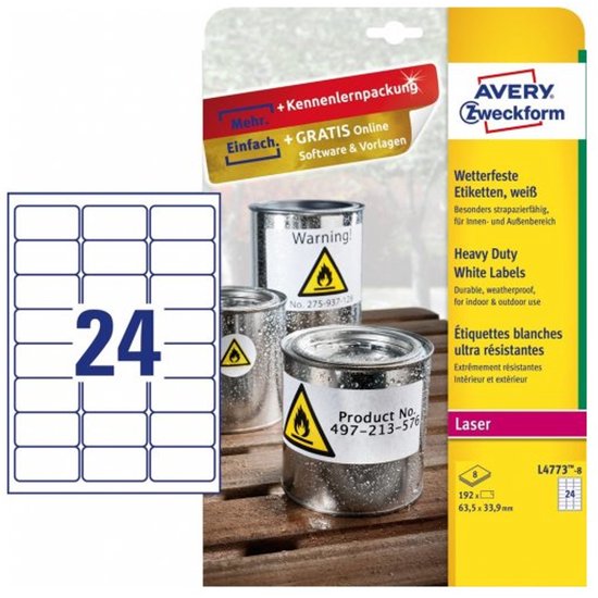 Avery Adresetiketten J8159-25 Klevend A4 Wit 63,5 x 33,9 mm 25 Vellen à 24 Etiketten | Viking Direct NL