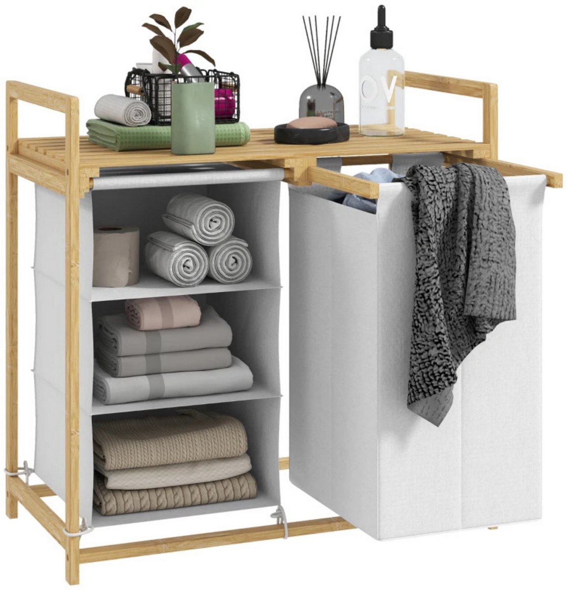 Wasmand met waszak - Opbergrek bamboe - Kast - Badkamerkast - 70x36x70 cm