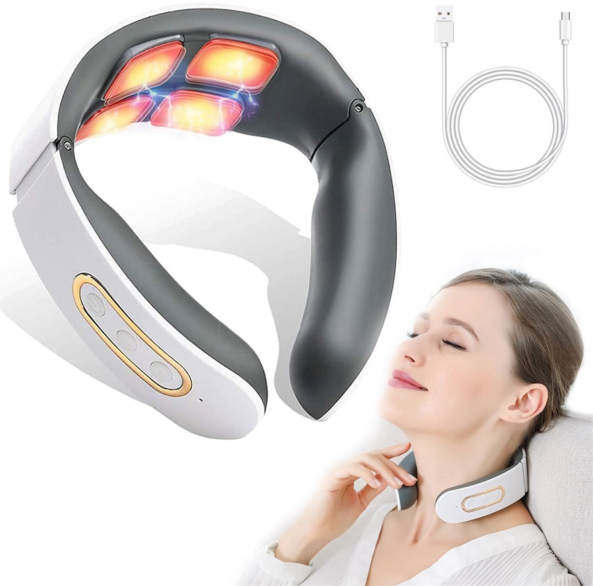 QTTVBTNA -Nekmassageapparaat met Warmte – 11-in-1 Elektrisch Massageapparaat, 6 Modi & 9 Intensiteitsniveaus, Draagbaar voor Thuis & Kantoor (Wit)