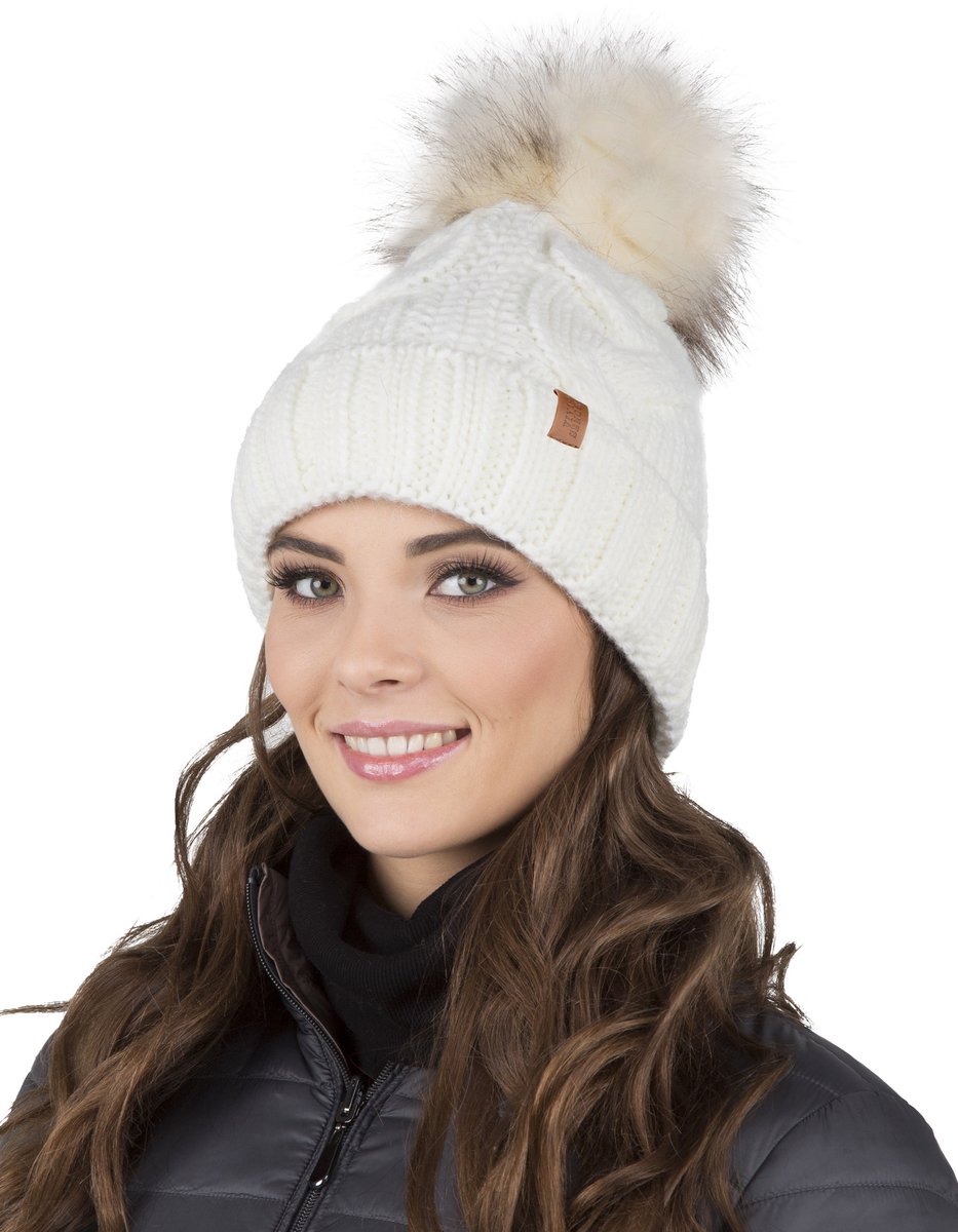 Vivisence Dames Wintermuts met pompon - Ecru - Warme gebreide muts - Fleece voering - Muts