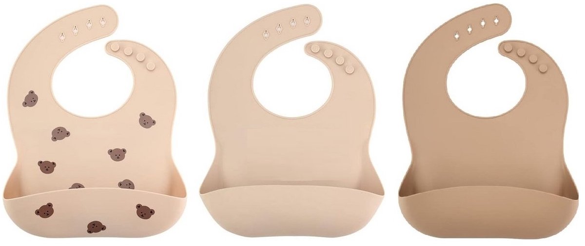 Image of 3 Stuks - Siliconen Slabbetjes met Opvangbak - Beertjes - Bruin - Beige