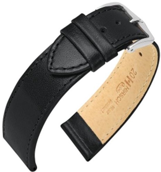 HIRSCH Osiris Horlogebandje - Cow boxleer, 18 mm Breedte bevestiging, glanzend zwart - glanzend zilver Sluit, past op Garmin Uhren, Huawei Watch, Fossil Gen