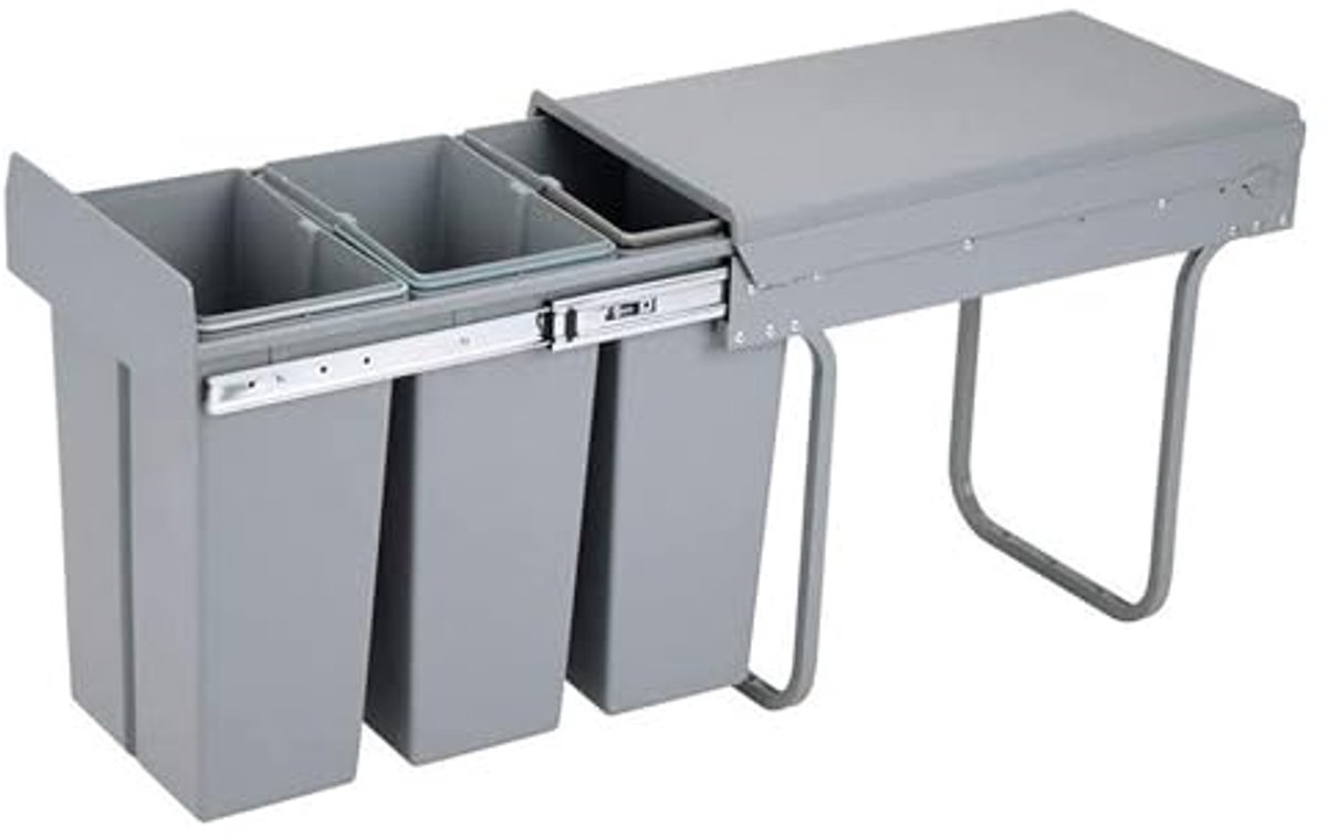 Afvalcontainer voor Keuken met 3 Compartimenten van 8 L, Onderbouw en Handmatige Verwijdering, Afneembare Emmer met Deksel