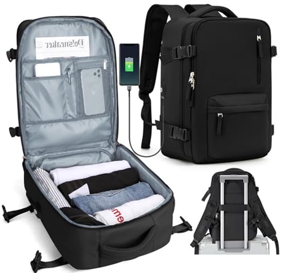Lossga Cabinetassen ontworpen voor Ryanair, 40 x 20 x 25 cm, reisrugzak, cabinemaat onder de stoel, kleine vliegtuigrugzak, handbagage, Puur zwart