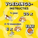 Voedingsinstructies voor Catisfactions snacks, met kattenillustraties, doseringen en een klok.