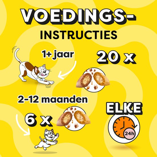 Voedingsinstructies voor Catisfactions snacks, met kattenillustraties, doseringen en een klok.