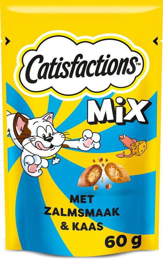 Catisfactions Mix met zalmsmaak & kaas kattensnack verpakking met kat-illustratie. 60 g.