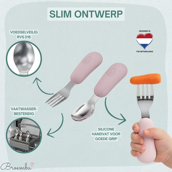 Broemba RVS Kinder Bestek - Baby Cuillère & Baby Fourchette avec grip silicone - 100% sans BPA Babybestek - Kinder Cuillère et Fourchette - Rose Peuterbestek