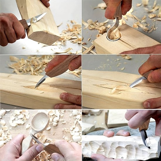 Een collage van houtsnijgereedschappen in gebruik, die detailsnijden, komvormen en patronen creëren.
