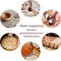 Collage van houtsnijtoepassingen: kommen, speelgoed, lepels, watermeloen en pompoen.