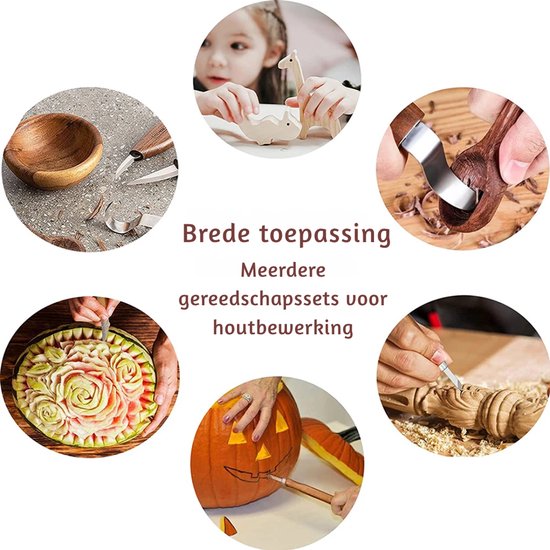Collage van houtsnijtoepassingen: kommen, speelgoed, lepels, watermeloen en pompoen.