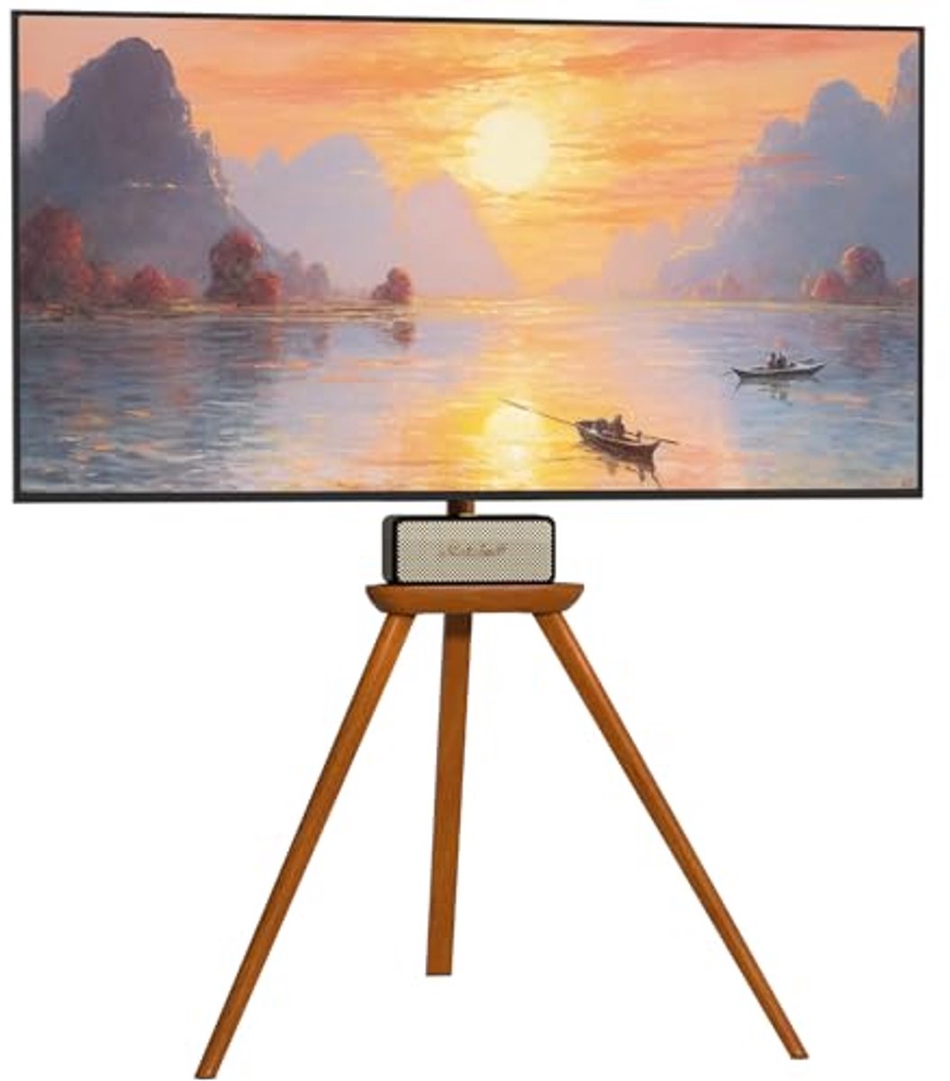 TV Stand Easel Design 45-65 inch - Beech Wood with Media Shelf Rotatable 45 Degrees