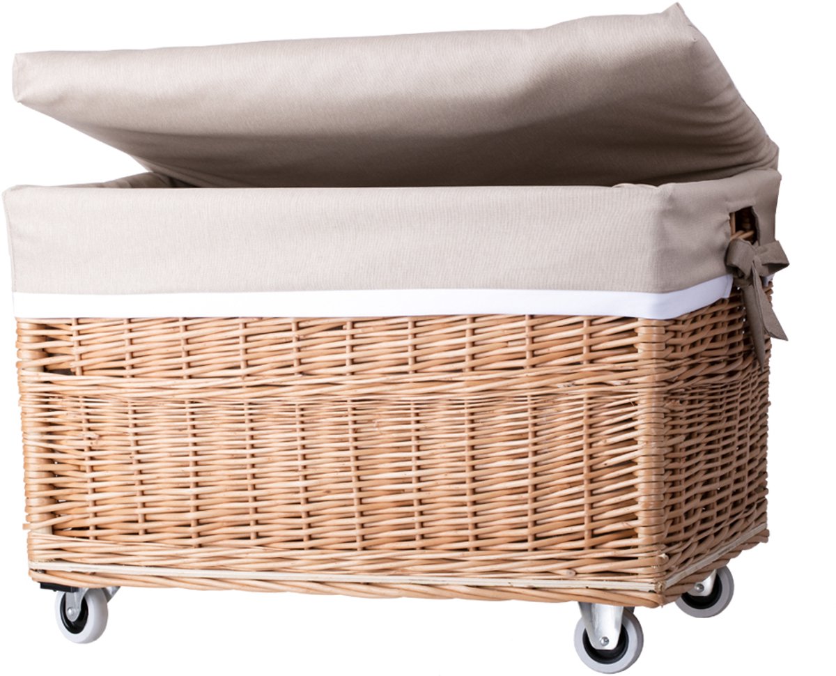 The Wicker Stories – Rieten mand op wielen met deksel – Handgevlochten van natuurlijk riet, met versterkte bodem en beige stoffen voering – Ideaal voor was, speelgoed en huishoudelijke accessoires.