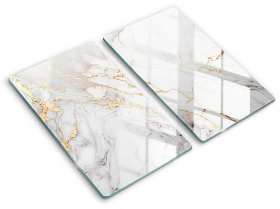 Crédence de Cuisine Wallfluent - Crédence de Cuisine Wit - Set de 2 30x52 cm - Marbre clair avec fond Goud - Crédence de Cuisine rectangulaire à motifs naturels