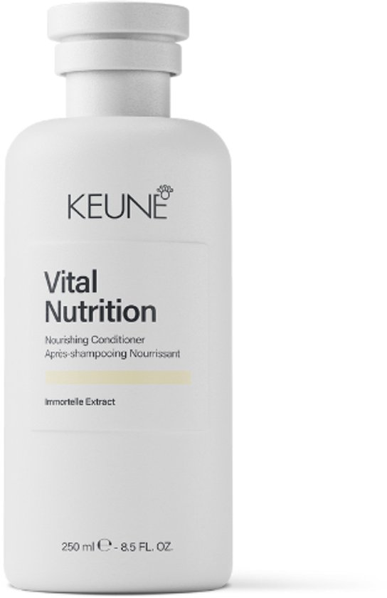 Witte fles Keune Vital Nutrition conditioner met gele tekst. 250 ml.