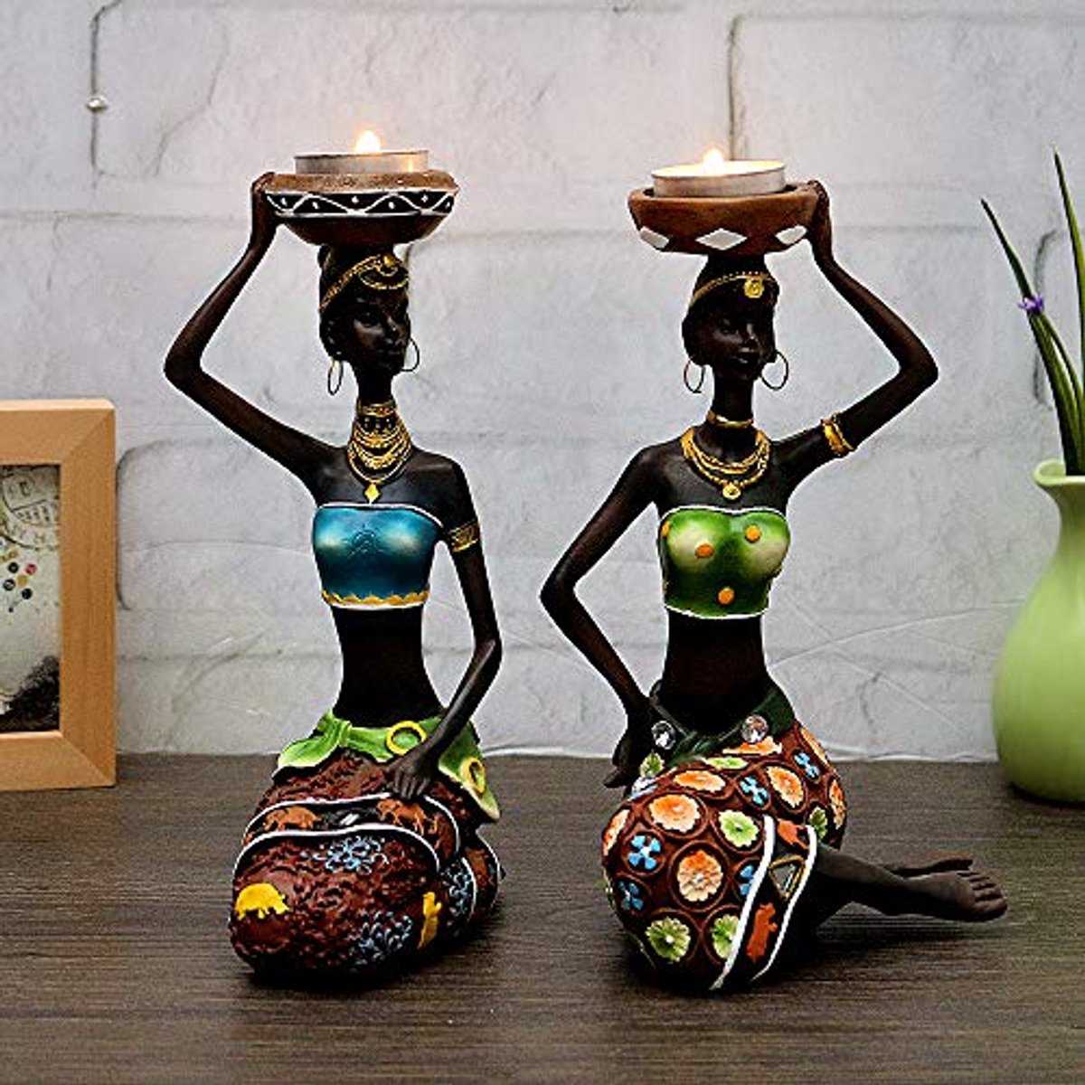 Decoratieve Afrikaanse Beeldjes 8,5 inch – Kandelaar Sculpturen voor Woonkamer en Eetkamer