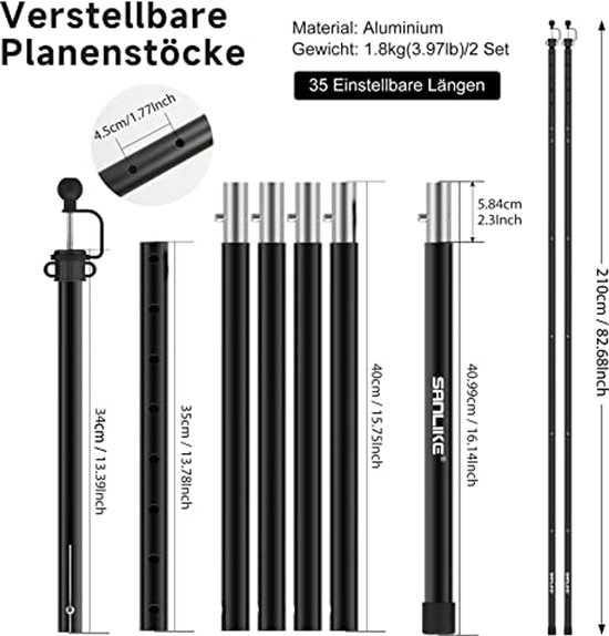 Verstelbare Telescoop Tentstokken 73 cm - 210 cm voor Camping en Luifel - Lichtgewicht Aluminium met 6-Way Verbinding — afbeelding 4