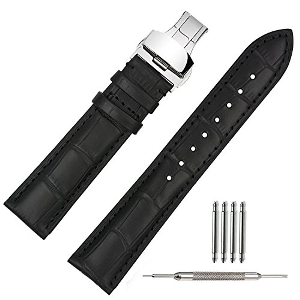 Leer Horlogeband 20mm Zwart - Voorzien van RVS Vouwsluiting - Verkrijgbaar in 18mm, 19mm, 21mm en 22mm
