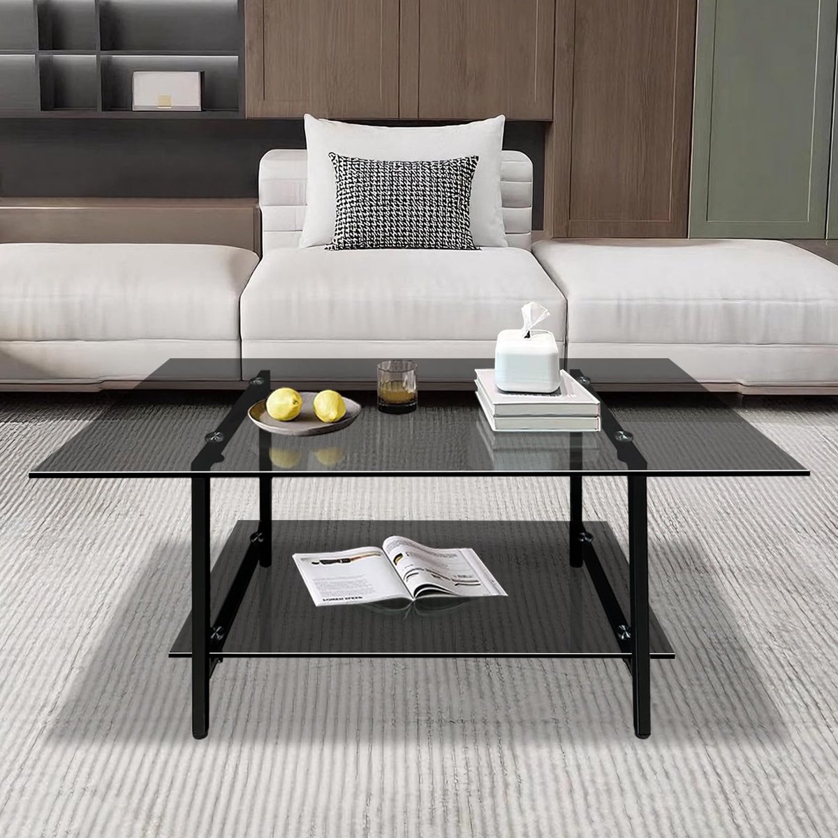 Azomor® Stijlvolle rechthoekige glazen salontafel met metalen frame voor woonkamer