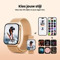 Gouden smartwatch met roségouden Milanese band toont een skiër op de wijzerplaat, naast een telefoon met wijzerplaatopties.