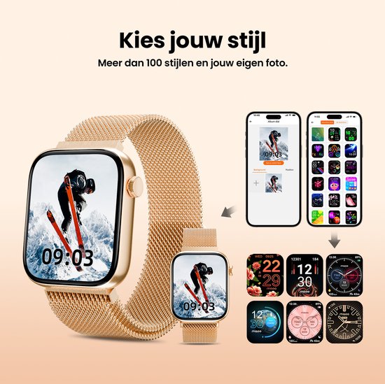 Gouden smartwatch met roségouden Milanese band toont een skiër op de wijzerplaat, naast een telefoon met wijzerplaatopties.