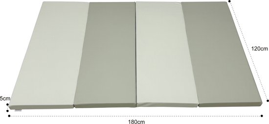 Opvouwbare speelmat met vier panelen in beige en grijs. Afmetingen: 180x120x5 cm.