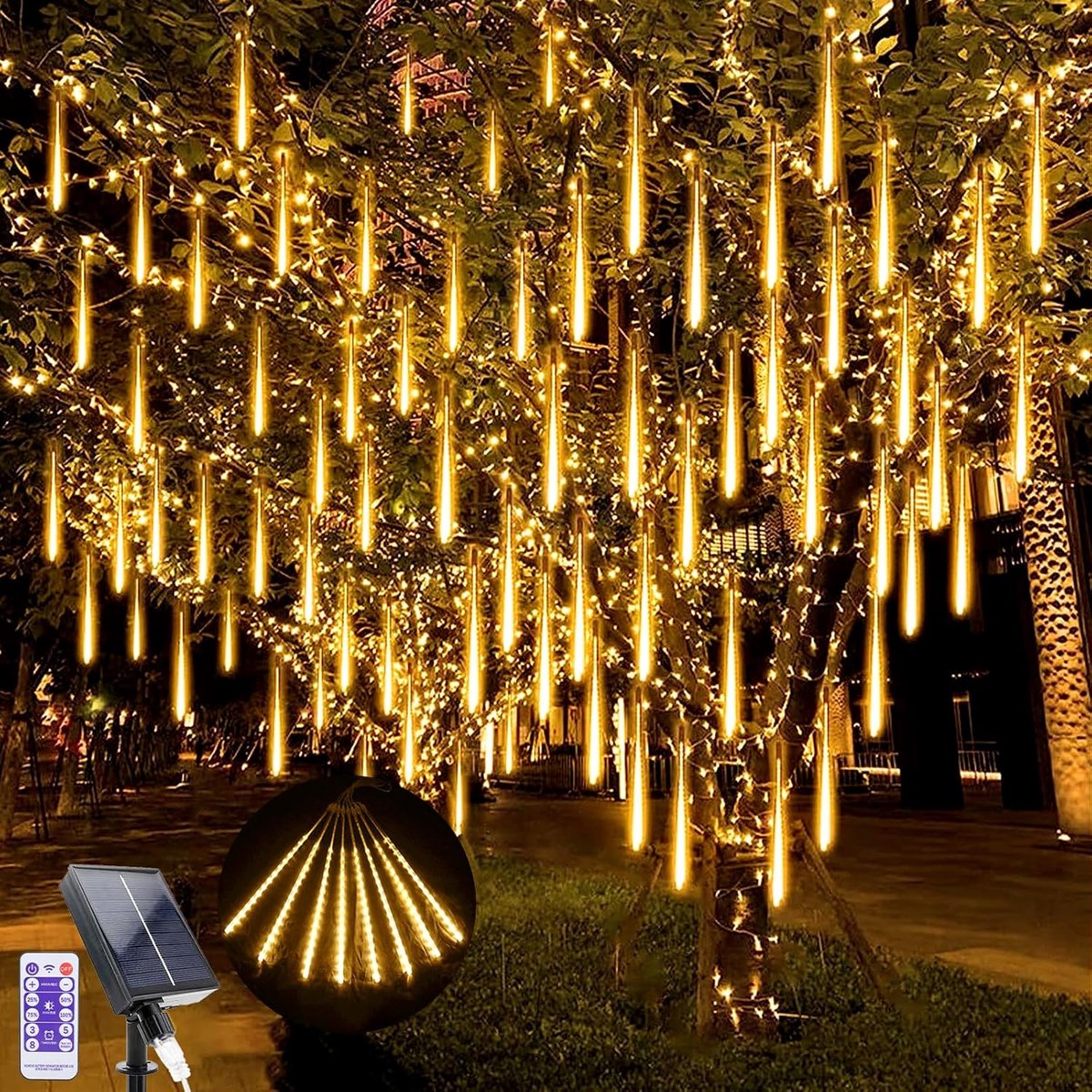 Slingerlichten - Zonnelichten - 240 LED verlichting - Warm wit - Vallende ster effect - 4 helderheidsstanden - 1200mAh batterij - IP65 waterdicht - Kerstversiering - Halloweenversiering - Geschikt voor buiten en feesten