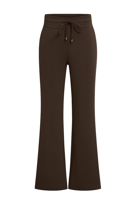 Donkerbruine MI PIACE broek met uitlopende pijpen en een elastische tailleband met trekkoord.