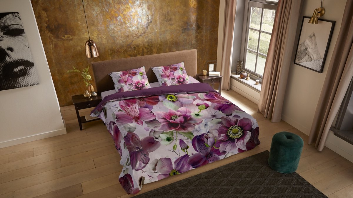 Pure dekbedovertrek bloemen - 2 persoons 200x200/220 cm - Bordeaux - Microvezel
