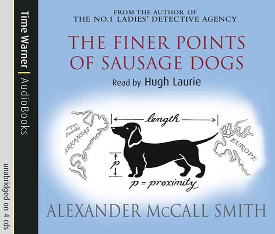 Boekcover met een silhouet van een teckel tussen kaarten van Arkansas en Europa, met de titel 'The Finer Points of Sausage Dogs'.