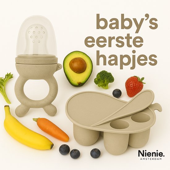 Baby Fruitspeen + 3 spenen & IJsblokjesvorm - Babyhapjes bewaarbakjes - 100% siliconen Fopspeen Beige - Sabbelzakje met bijtring - Nienie Amsterdam® van Nienie Amsterdam® — afbeelding 3