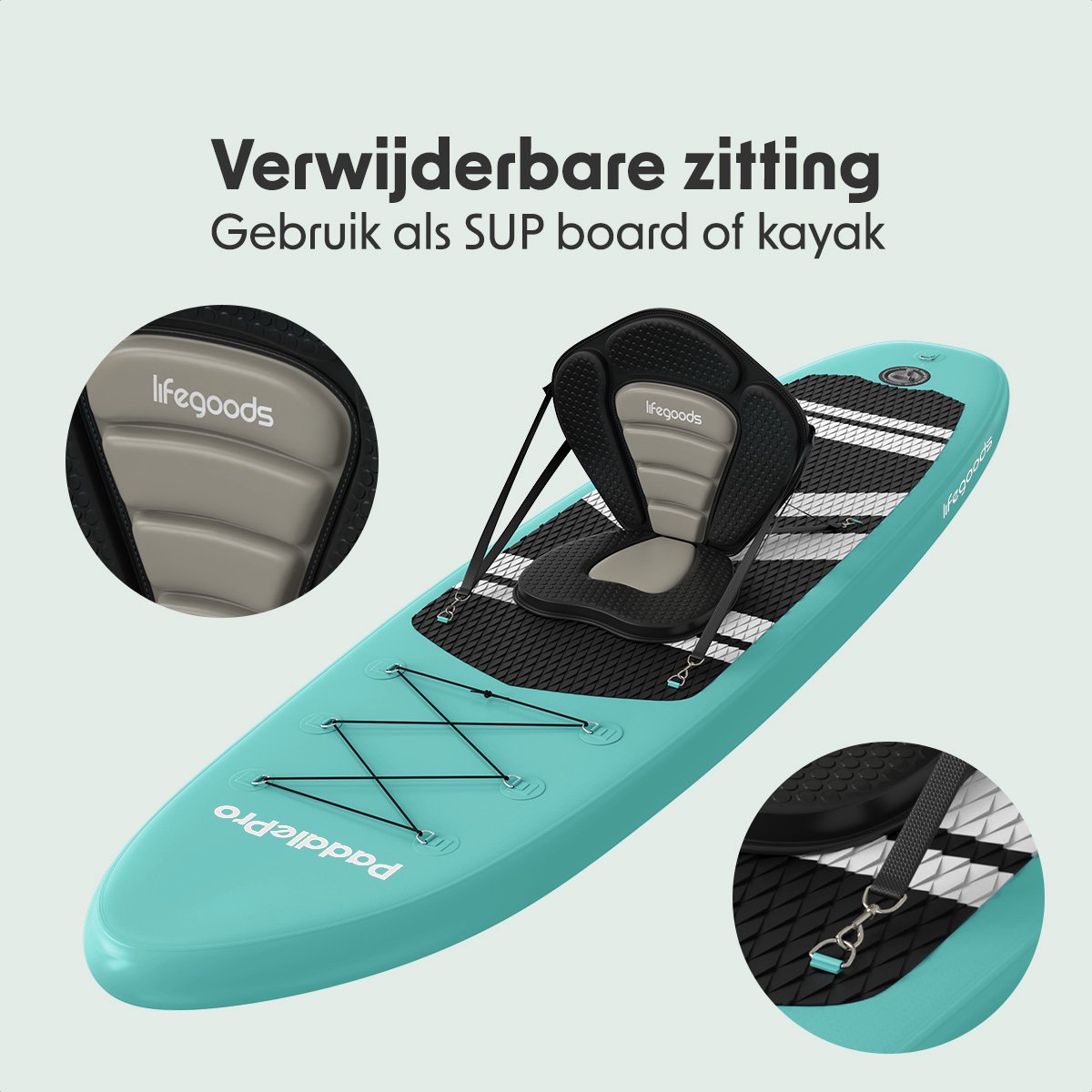 LifeGoods PaddlePro SUP Board - met Zitje - Opblaasbaar Paddle Board - Complete Set - Max. 150KG - 320x81cm - Mintgroen/Zwart – foto 7