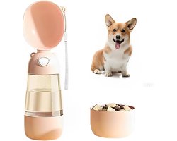 2-in-1 waterfles voor honden met voercontainer, draagbare waterdispenser voor honden, drinkflessen voor buiten voor puppy's, katten en huisdieren, essentiële artikelen voor reizen, wandelen en hiken, huisdieraccessoires (blozenbeige)