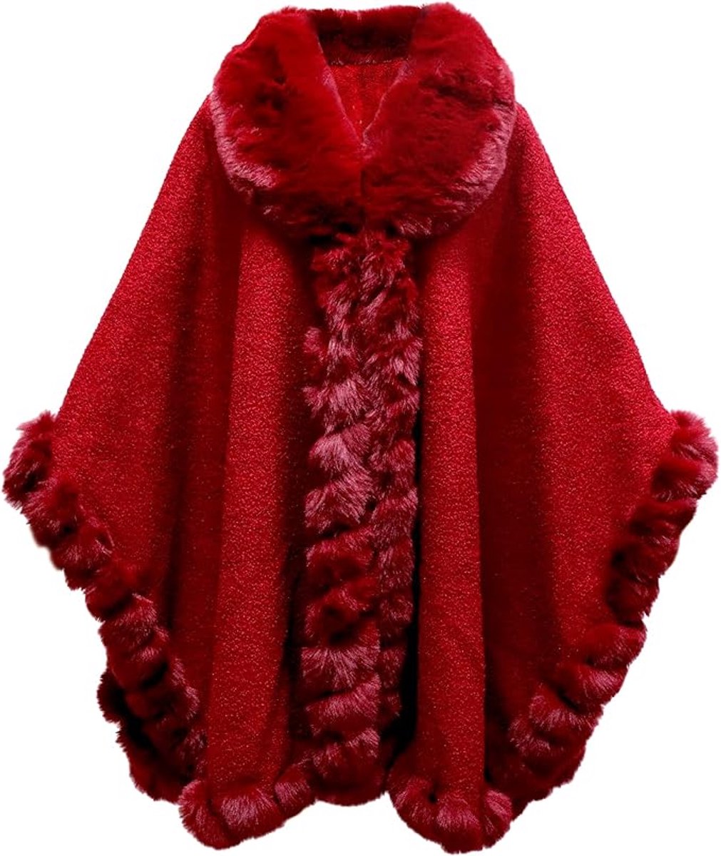 Dames Faux Konijn Bont Cardigan Mantel Poncho Winter Losse Cape Warme Sjaal Wrap - lengte 120 cm, breedte 80 cm - One size - rood