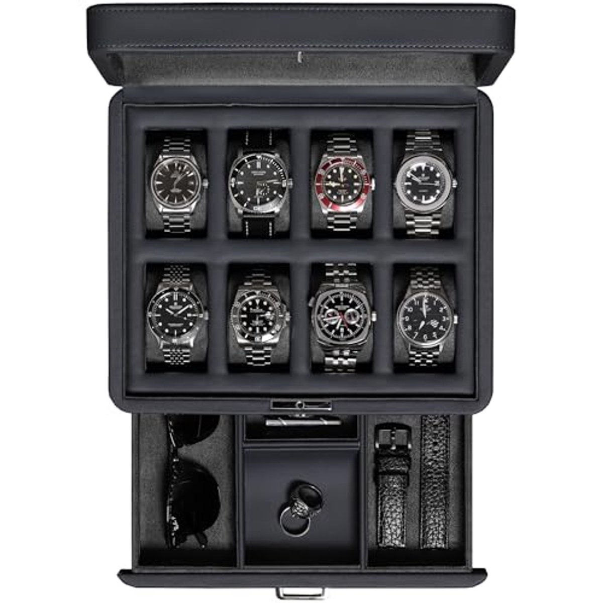 Luxe horlogebox voor 8 horloges met echt glazen deksel en accessoireslade - Carbon