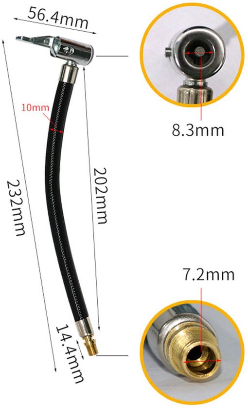 Auto Luchtpomp - 232 mm - Luchtpomp - Autopomp - Ventieladapter - Adapter voor luchtslang van autobanden - rubberen slang - slangadapter voor bandenpomp - voor fiets, auto, motorfiets, fietsband, luchtpomp - zwart — afbeelding 5