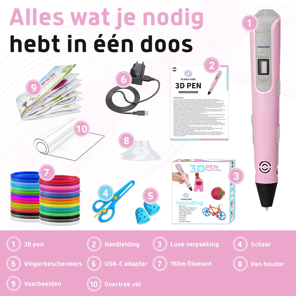 Fleau Kids 3D Pen Starterspakket Roze XXL - 150m Filament - 30 Kleuren Vullingen - 2025 USB-C model + Vele Extra's - Knutselen en Tekenen - 3D Printen - Tekenset — afbeelding 8