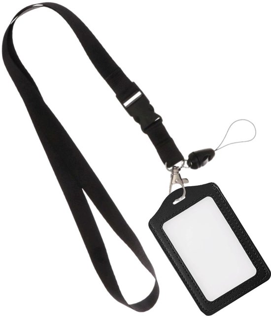 Zwarte keycord met badgehouder van kunstleer, verticaal.