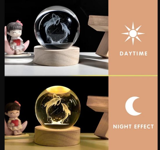 3D Kristallen Bol Nachtlampje - Schattige Beer met een Hartballon - Teddybeer Design Nachtlampje - LED Glazen Hologram Lamp met Massief Houten Basis - Nachtlampje - Cadeau Idee - Verlichting - USB Aansluiting van Allegri Living — afbeelding 3