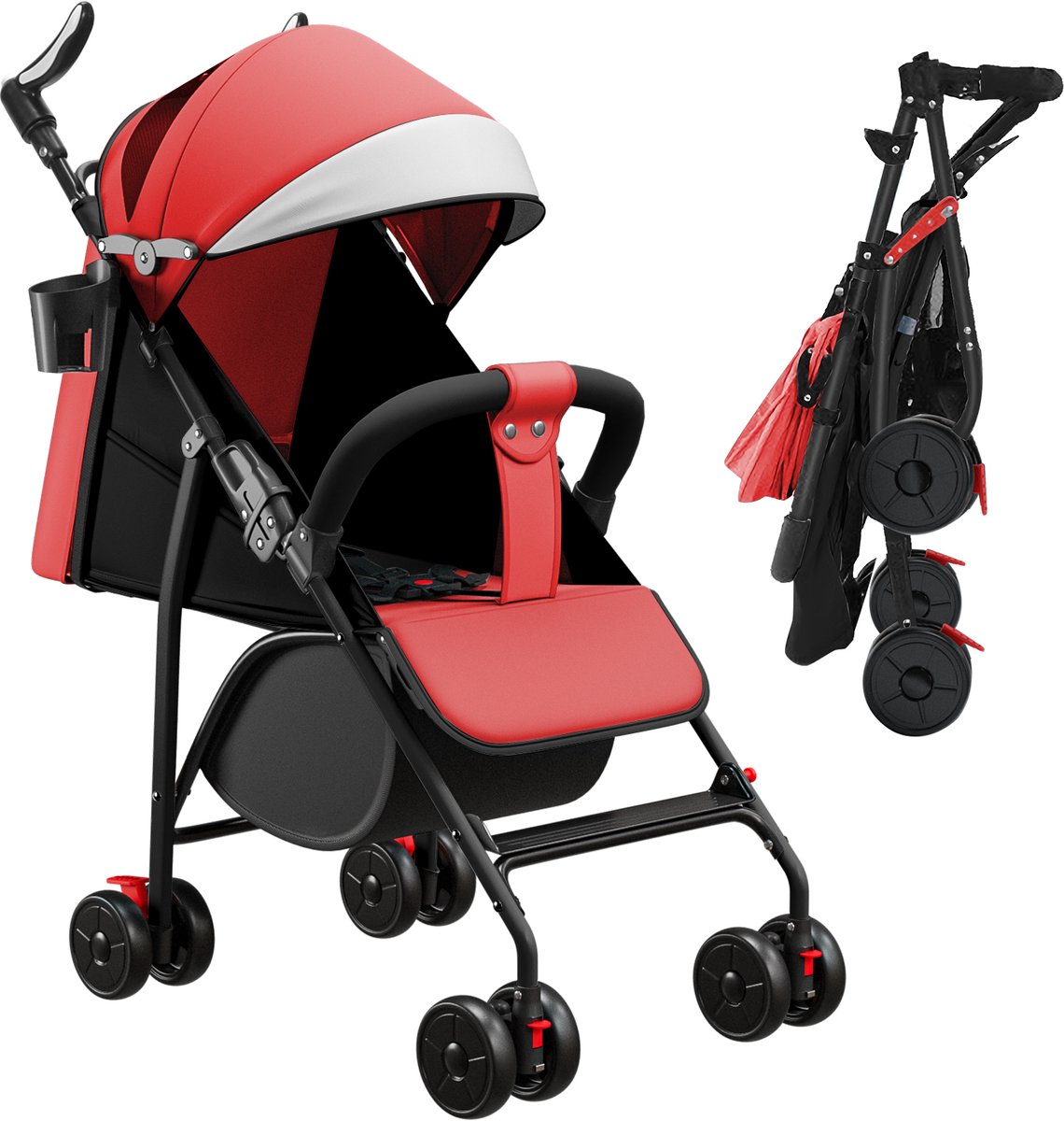 PIPIPOXER Kinderwagen Buggy Kinderbuggy Opvouwbaar Sportwagen 5-punts Veiligheidsgordel-Rood