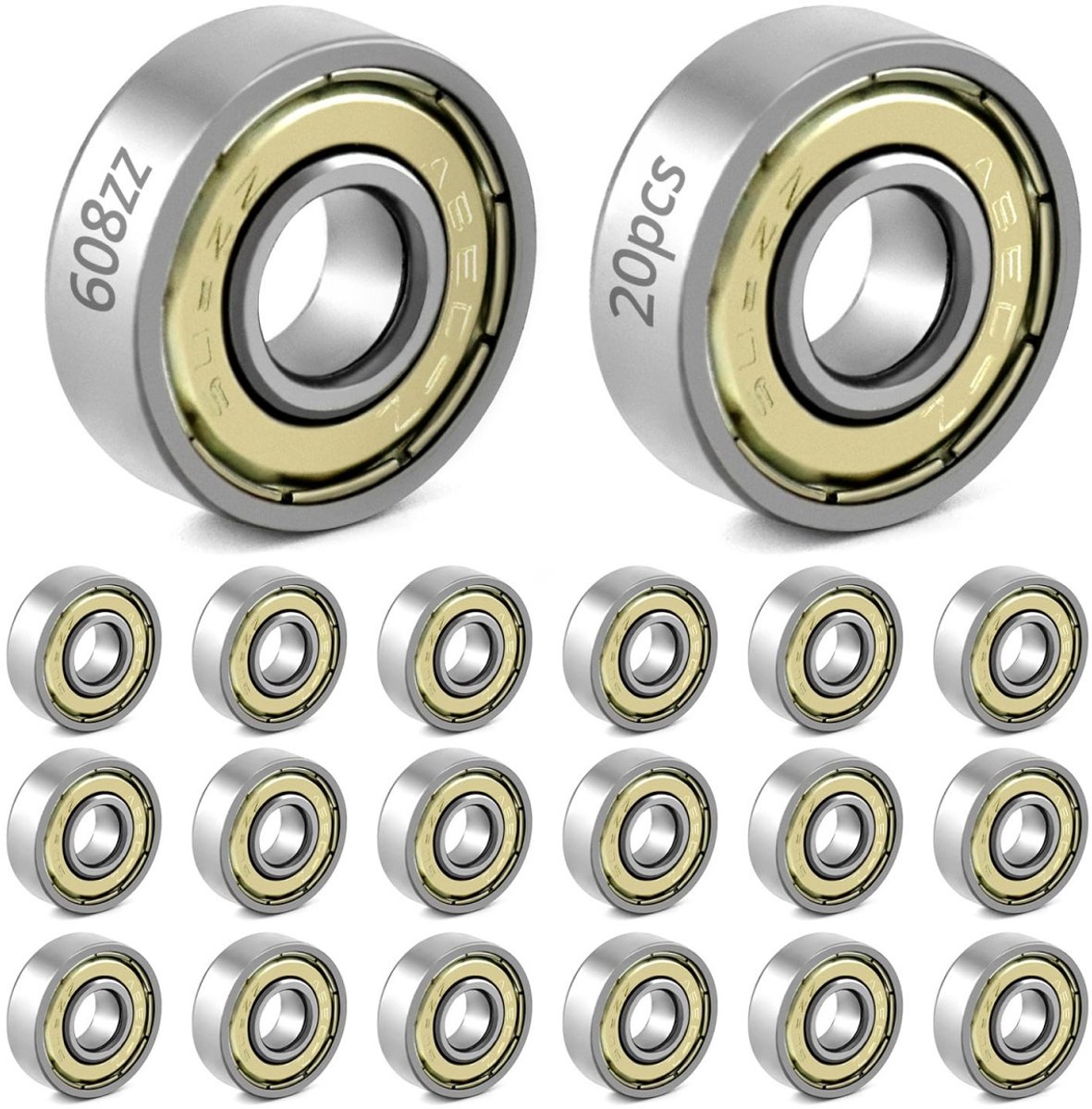 TOVBMUP 608zz kogellagers 20 stuks metalen dubbel afgeschermde miniatuur diepe groef kogellagers Geschikt voor skateboards scooters inline skates 8 mm x 22 mm x 7 mm Primaire Kleur